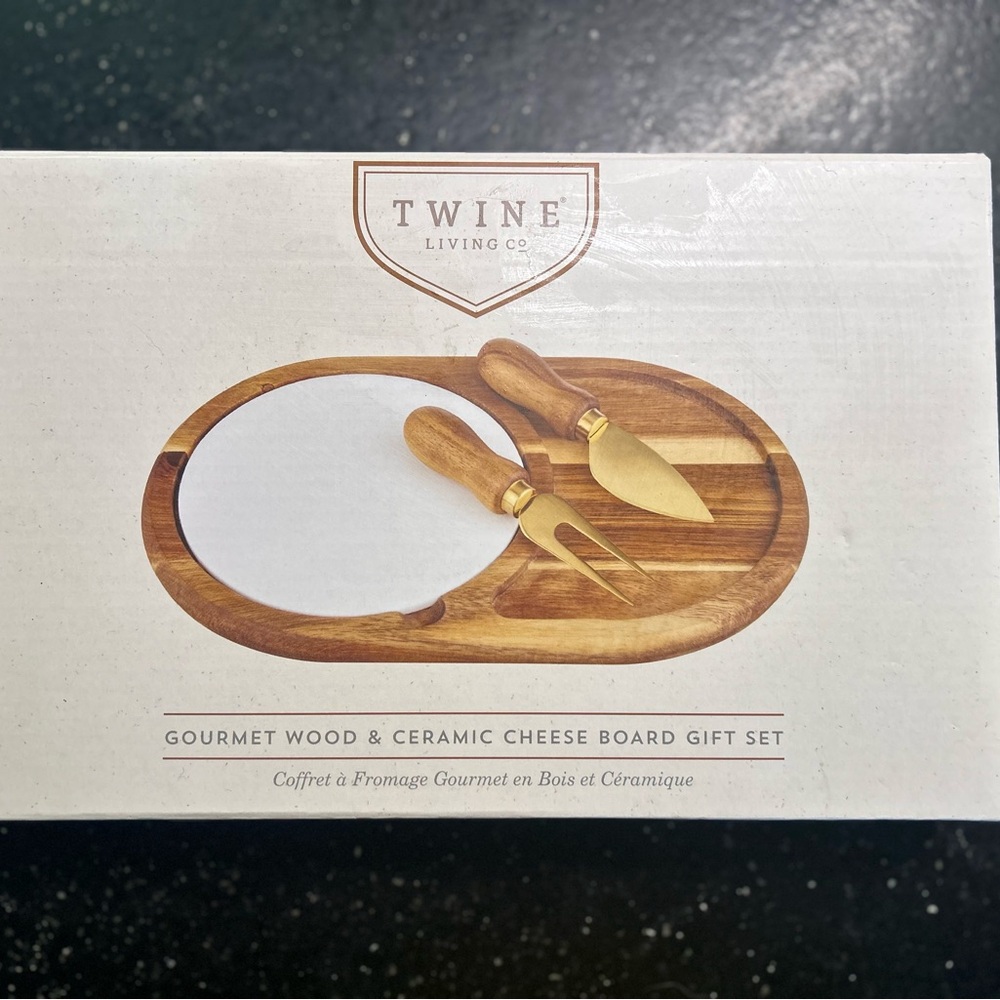 Wood and Ceramic Cheese Board Set - Brown and White